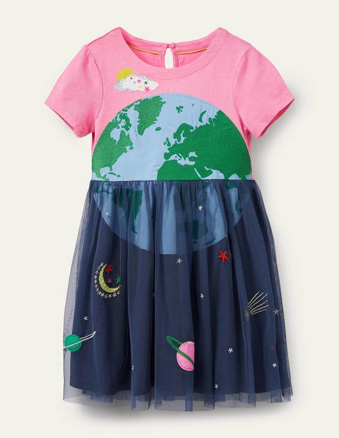Appliqué Tulle Jersey Dress - Bright Petal Pink Space Appliqué Tulle Jersey Dress - Bright Petal Pink Space