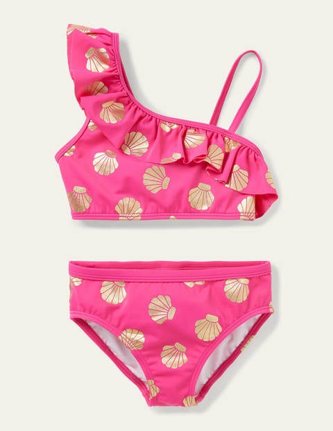One Shoulder Frilly Bikini - Fuchsia Pink Gold Foil Shells One Shoulder Frilly Bikini - Fuchsia Pink Gold Foil Shells