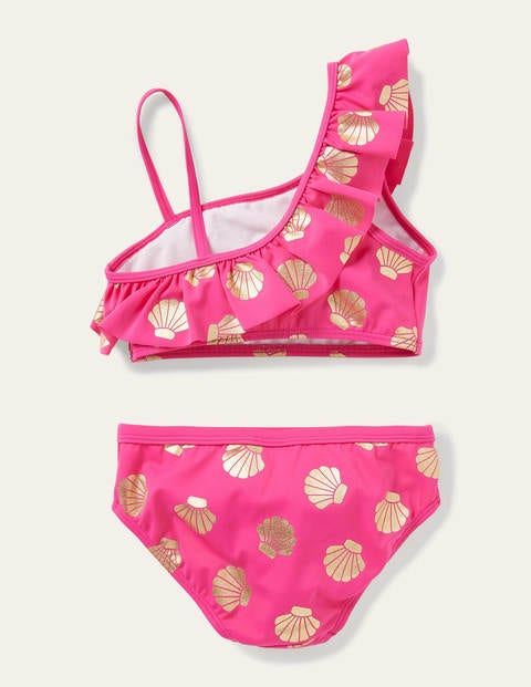 One Shoulder Frilly Bikini - Fuchsia Pink Gold Foil Shells One Shoulder Frilly Bikini - Fuchsia Pink Gold Foil Shells