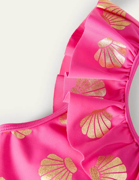 One Shoulder Frilly Bikini - Fuchsia Pink Gold Foil Shells One Shoulder Frilly Bikini - Fuchsia Pink Gold Foil Shells