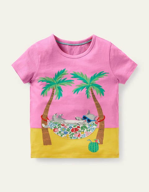 Funny Animals Appliqué T-shirt - Plum Blossom Pink Cat Funny Animals Appliqué T-shirt - Plum Blossom Pink Cat