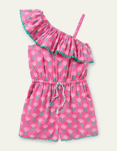 One Shoulder Tassel Romper - Tickled Pink Woodblock One Shoulder Tassel Romper - Tickled Pink Woodblock