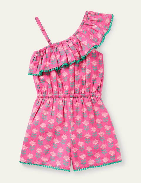One Shoulder Tassel Romper - Tickled Pink Woodblock One Shoulder Tassel Romper - Tickled Pink Woodblock