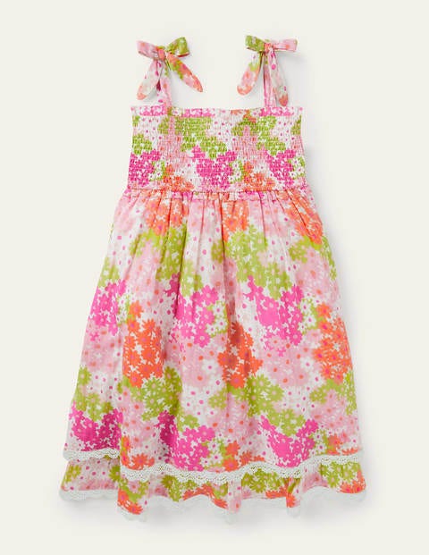 Gemustertes Kleid mit Spitzenborte - Zartes Korallenrosa, Sommerliche Gänseblümchen