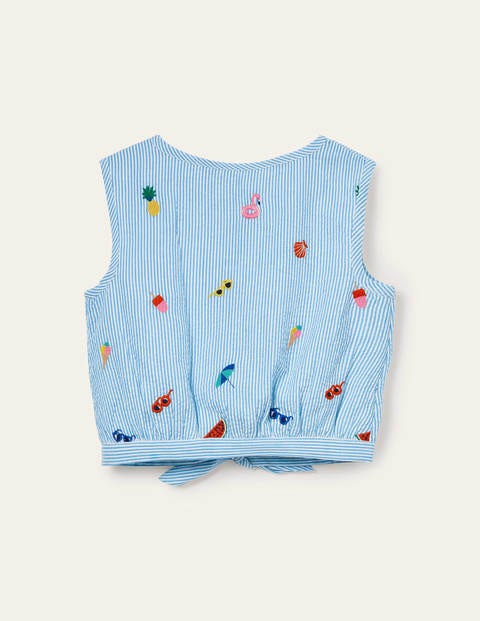 Embroidered Tie Woven Top - Multi Holiday Embroidery Embroidered Tie Woven Top - Multi Holiday Embroidery