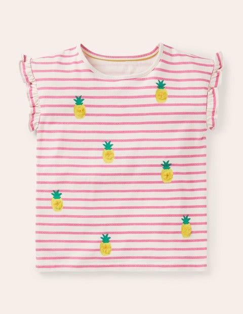 T-Shirt mit Bommeln und Rüschenärmeln - Naturweiß/Pink, Ananas
