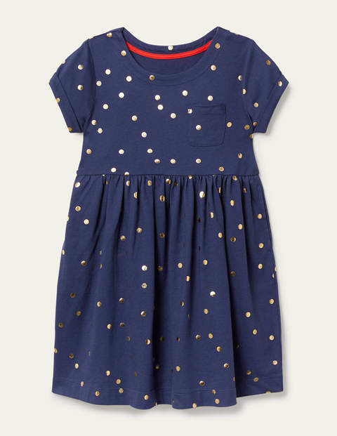 보덴 걸즈 원피스 Boden Fun Jersey Dress - Starboard Blue Gold Spot