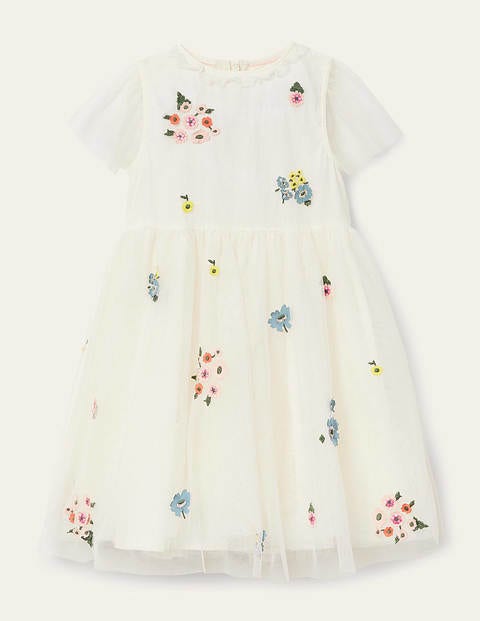 Embellished Tulle Dress - Ecru Floral Embellished Tulle Dress - Ecru Floral
