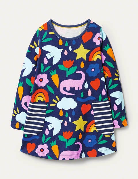 Printed Jersey Pocket Tunic - Starboard Blue Happy Dino Printed Jersey Pocket Tunic - Starboard Blue Happy Dino