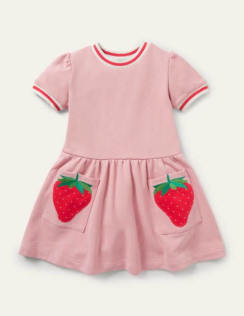 Appliqué Pocket Jersey Dress - Boto Pink Strawberry Appliqué Pocket Jersey Dress - Boto Pink Strawberry