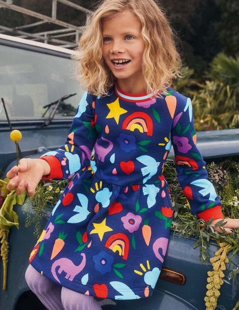 Blue Jungle Print Sweatshirt Dress - Starboard Blue Happy Dino Blue Jungle Print Sweatshirt Dress - Starboard Blue Happy Dino