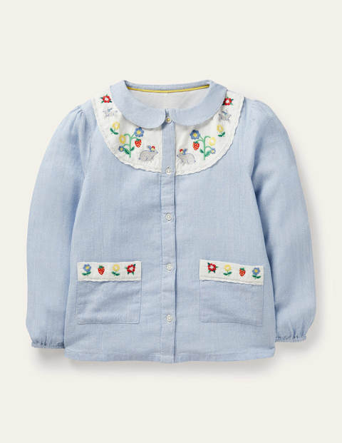 Embroidered Yoke Woven Top - Elizabethan Blue Ticking Embroidered Yoke Woven Top - Elizabethan Blue Ticking