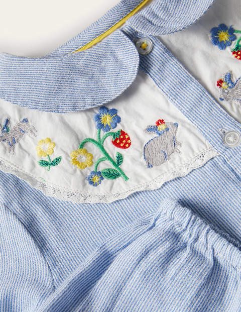Embroidered Yoke Woven Top - Elizabethan Blue Ticking Embroidered Yoke Woven Top - Elizabethan Blue Ticking