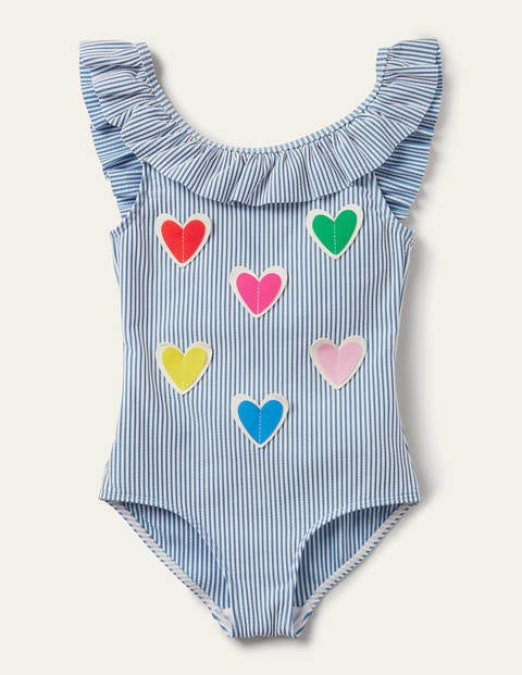 Frill Swimsuit - Blue Seersucker Hearts Frill Swimsuit - Blue Seersucker Hearts