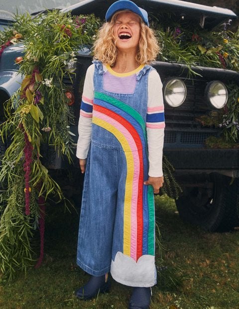 Tie Shoulder Dungarees - Mid Vintage Denim Rainbow Tie Shoulder Dungarees - Mid Vintage Denim Rainbow