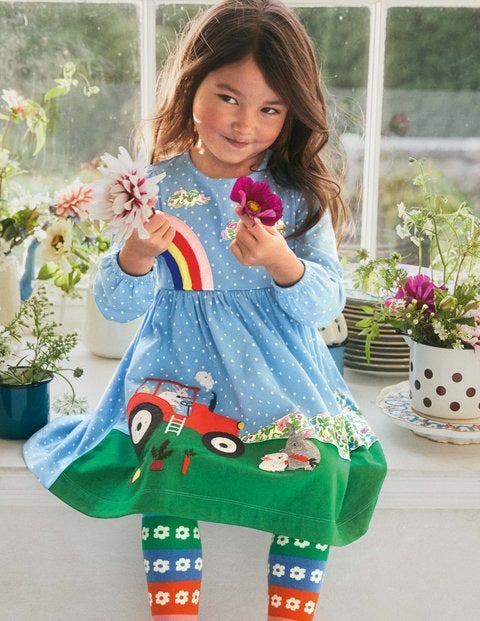 Animal Appliqué Dress - Surfboard Blue Tractor Scene Animal Appliqué Dress - Surfboard Blue Tractor Scene