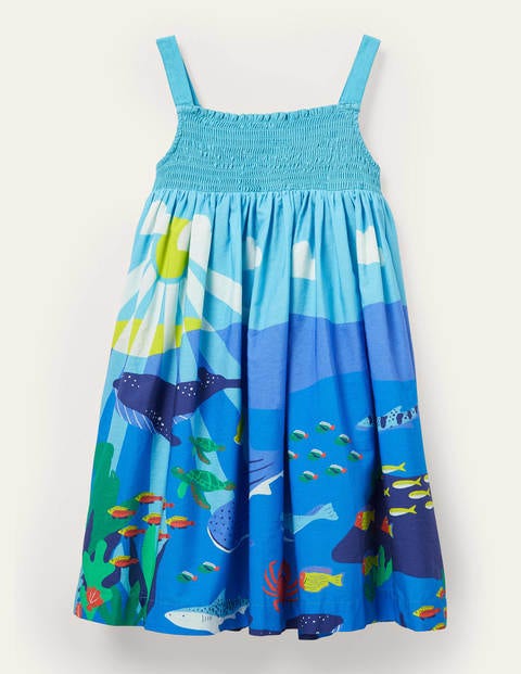 Smocked Sun Dress - Aqua Blue Reef Scene Smocked Sun Dress - Aqua Blue Reef Scene