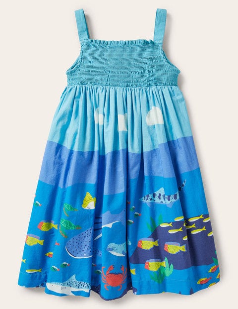 Smocked Sun Dress - Aqua Blue Reef Scene Smocked Sun Dress - Aqua Blue Reef Scene