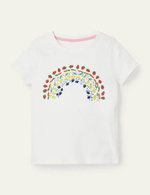 T-Shirt mit Regenbogenstickerei - Naturweiß, Gemüse-Regenbogen T-Shirt mit Regenbogenstickerei - Naturweiß, Gemüse-Regenbogen