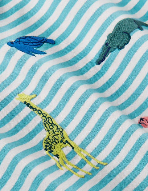 Embroidered Stripy T-shirt - Ivory/ Aqua Blue Animals Embroidered Stripy T-shirt - Ivory/ Aqua Blue Animals