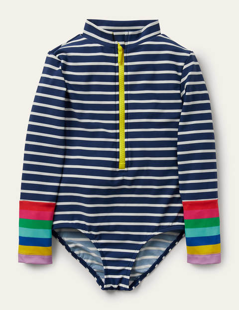 Long-sleeved Swimsuit - Blue/ Ivory Rainbow Cuff Long-sleeved Swimsuit - Blue/ Ivory Rainbow Cuff