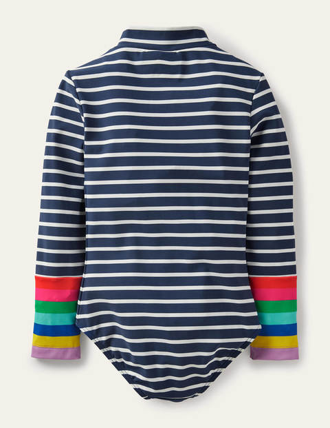 Long-sleeved Swimsuit - Blue/ Ivory Rainbow Cuff Long-sleeved Swimsuit - Blue/ Ivory Rainbow Cuff