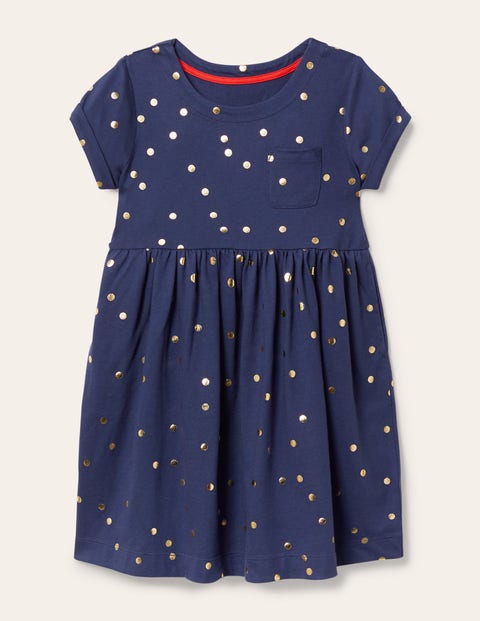 Short-sleeved Fun Jersey Dress - Starboard Blue Gold Spot