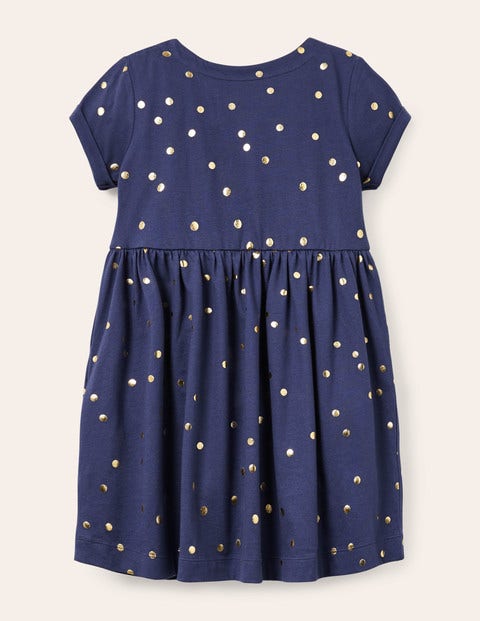 Short Sleeve Fun Jersey Dress - Starboard Blue Gold Spot
