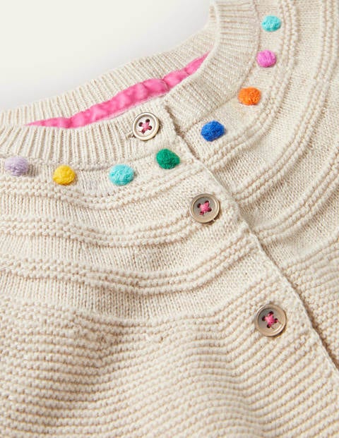 Baumwollkaschmircardigan - Hellbeige, Regenbogenfarbene Bommel Baumwollkaschmircardigan - Hellbeige, Regenbogenfarbene Bommel
