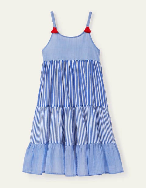 Tiered Tassel Dress - Brilliant Blue Ticking Stripe Tiered Tassel Dress - Brilliant Blue Ticking Stripe