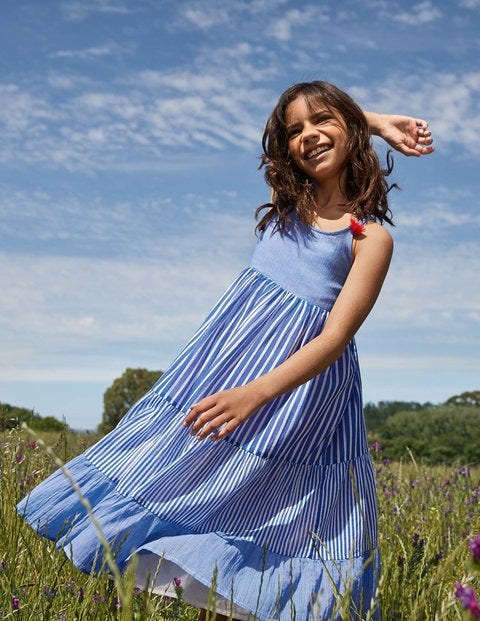 보덴 걸즈 원피스 Boden Tiered Tassel Dress - Brilliant Blue Ticking Stripe