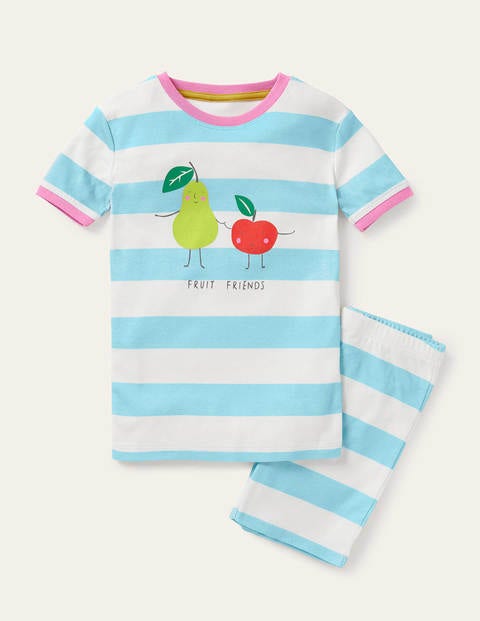 Fun Short John Pajamas - Aqua Blue/ Ivory Fruit Fun Short John Pajamas - Aqua Blue/ Ivory Fruit