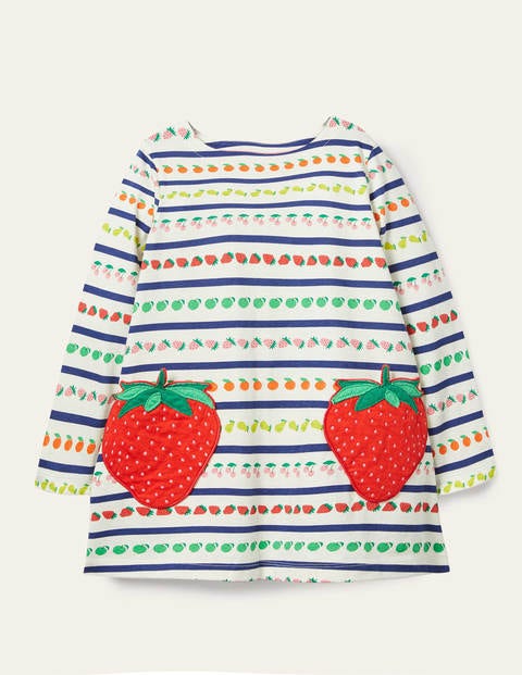 Appliqué Pocket Tunic - Multi Fruit Stripe Strawberry