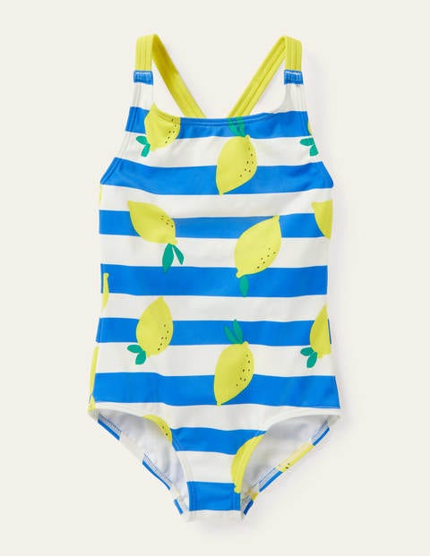 Cross-back Swimsuit - Ivory/ Moroccan Blue Lemons