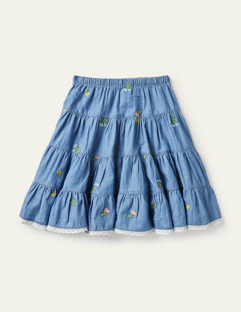 Tiered Woven Twirly Skirt - Chambray Embroidered Flowers Tiered Woven Twirly Skirt - Chambray Embroidered Flowers