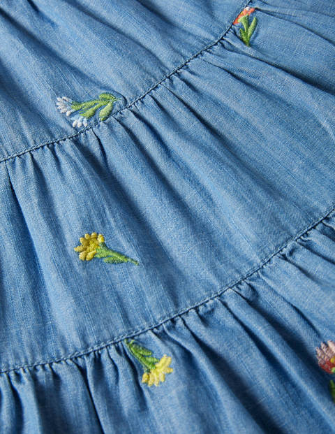 Tiered Woven Twirly Skirt - Chambray Embroidered Flowers Tiered Woven Twirly Skirt - Chambray Embroidered Flowers