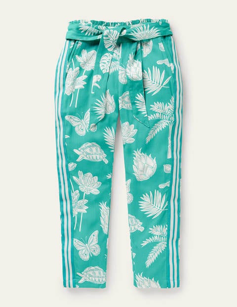 Tie Waist Printed Trousers - Dark Turquoise Green Botanical Tie Waist Printed Trousers - Dark Turquoise Green Botanical