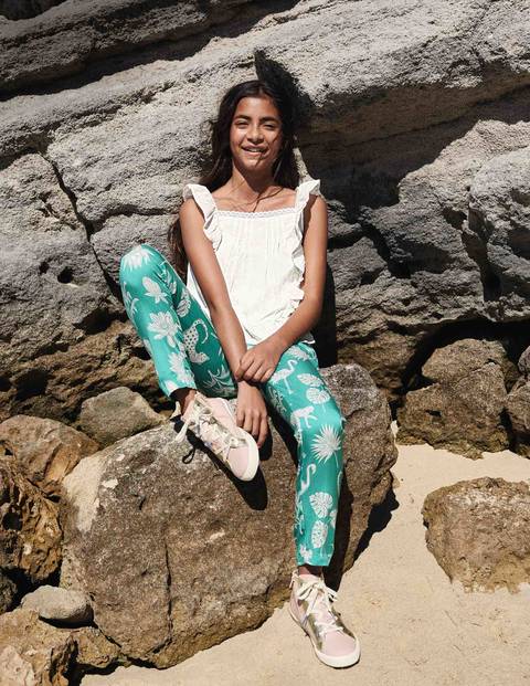 Tie Waist Printed Trousers - Dark Turquoise Green Botanical Tie Waist Printed Trousers - Dark Turquoise Green Botanical