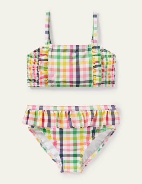 Nostalgischer Bikini mit Smokdetail - Bunt, Regenbogenfarbene Vichykaros Nostalgischer Bikini mit Smokdetail - Bunt, Regenbogenfarbene Vichykaros