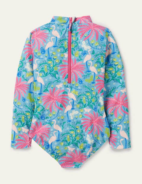 Long-Sleeved Frill Swimsuit - Aqua Blue Tropical Charm Long-Sleeved Frill Swimsuit - Aqua Blue Tropical Charm