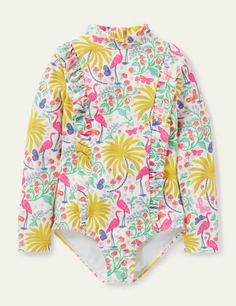 Long-Sleeved Frill Swimsuit - Ivory Tropical Charm Long-Sleeved Frill Swimsuit - Ivory Tropical Charm