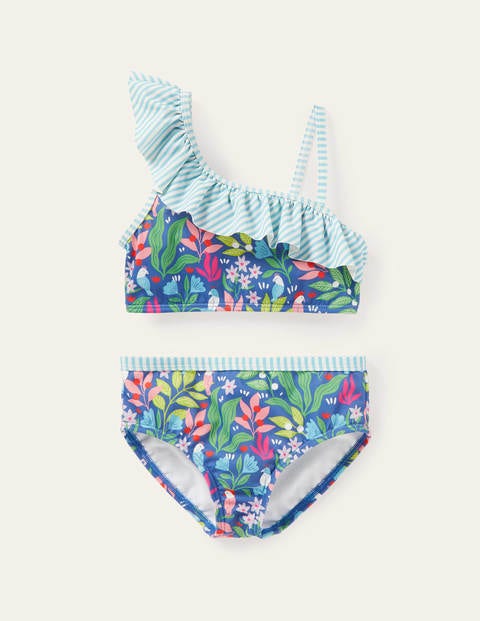One Shoulder Frilly Bikini - Venice Blue Tropical Garden