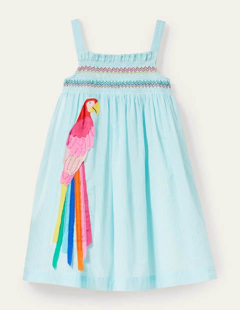 Sommerkleid mit fröhlicher Applikation - Wasserblau, Feine Streifen/Papagei
