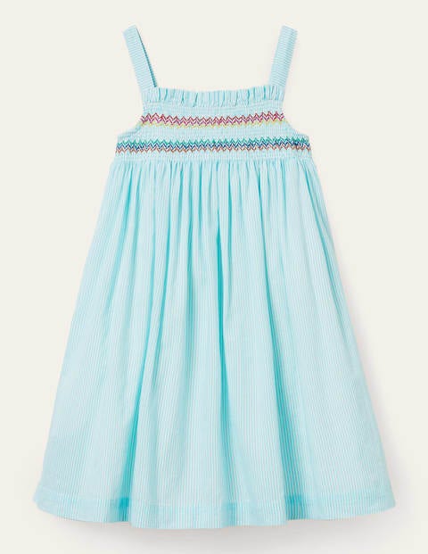 Fun Appliqué Sun Dress - Aqua Blue Ticking Parrot Fun Appliqué Sun Dress - Aqua Blue Ticking Parrot