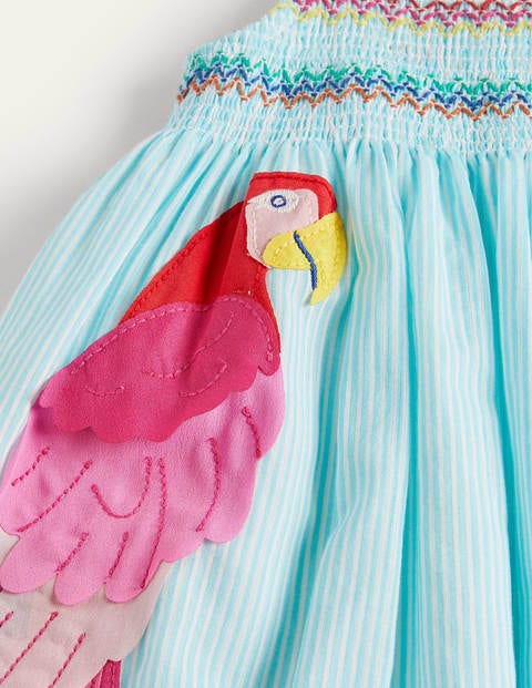 Fun Appliqué Sun Dress - Aqua Blue Ticking Parrot Fun Appliqué Sun Dress - Aqua Blue Ticking Parrot
