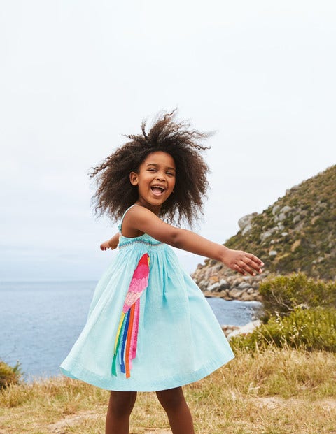 Fun Appliqué Sun Dress - Aqua Blue Ticking Parrot Fun Appliqué Sun Dress - Aqua Blue Ticking Parrot