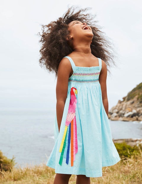 Fun Appliqué Sun Dress - Aqua Blue Ticking Parrot Fun Appliqué Sun Dress - Aqua Blue Ticking Parrot