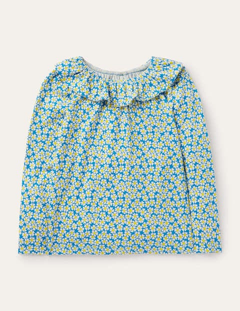 Jerseyoberteil mit Rüschenausschnitt - Marokkoblau, Gänseblümchenmuster Jerseyoberteil mit Rüschenausschnitt - Marokkoblau, Gänseblümchenmuster