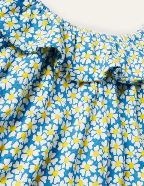 Jerseyoberteil mit Rüschenausschnitt - Marokkoblau, Gänseblümchenmuster Jerseyoberteil mit Rüschenausschnitt - Marokkoblau, Gänseblümchenmuster