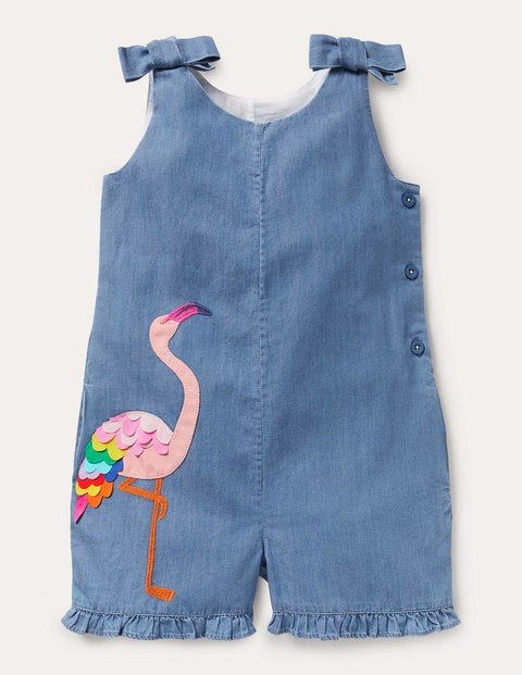 Tie Shoulder Frill Playsuit - Chambray Flamingo